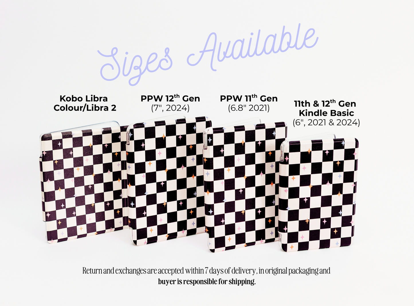 a collection of four different sizes of Kobo Libra wallets, each with a unique pattern of black and white checkerboard designs.