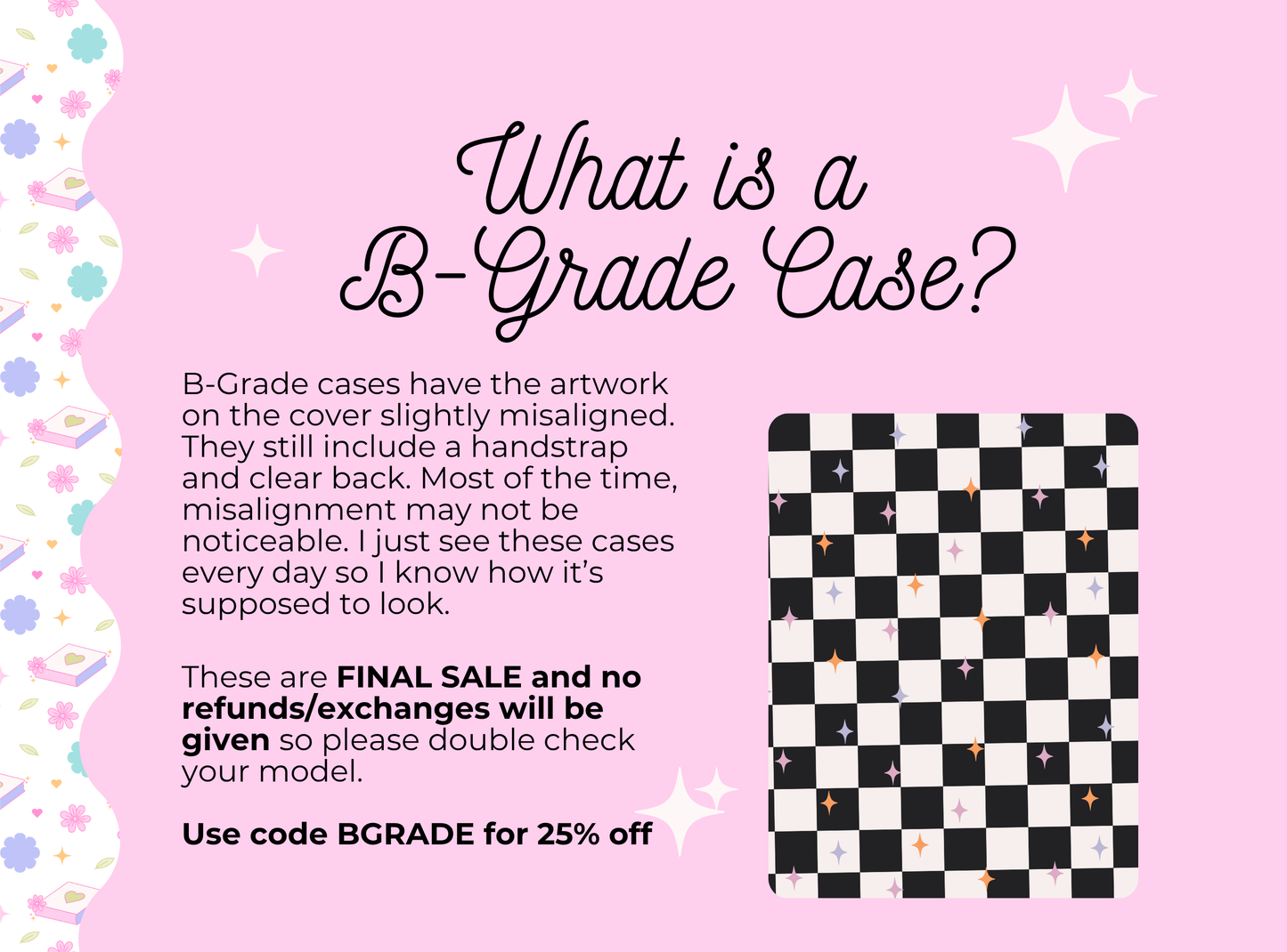The image is a pink background with a black and white checkerboard pattern and some stars scattered throughout.