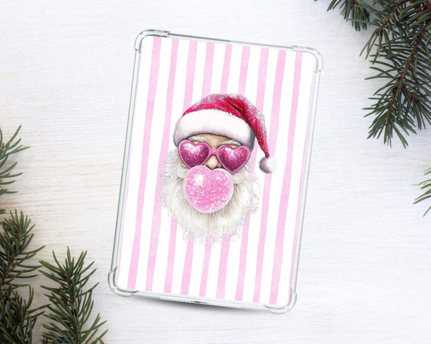 a picture of a santa clause on a pink and white striped background