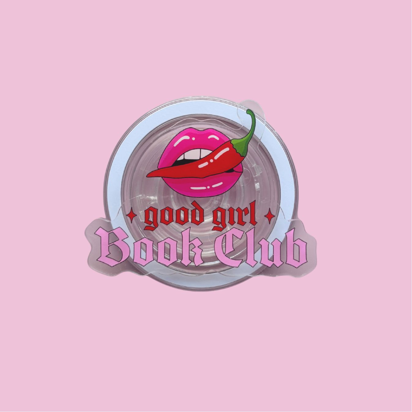 a logo for a book club, with a pink background and a stylized illustration of a red pepper.