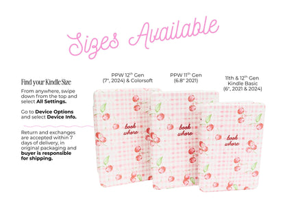 The image is a promotional image for Kindle devices, featuring three different sizes of Kindle devices with a pink and white checkered pattern.