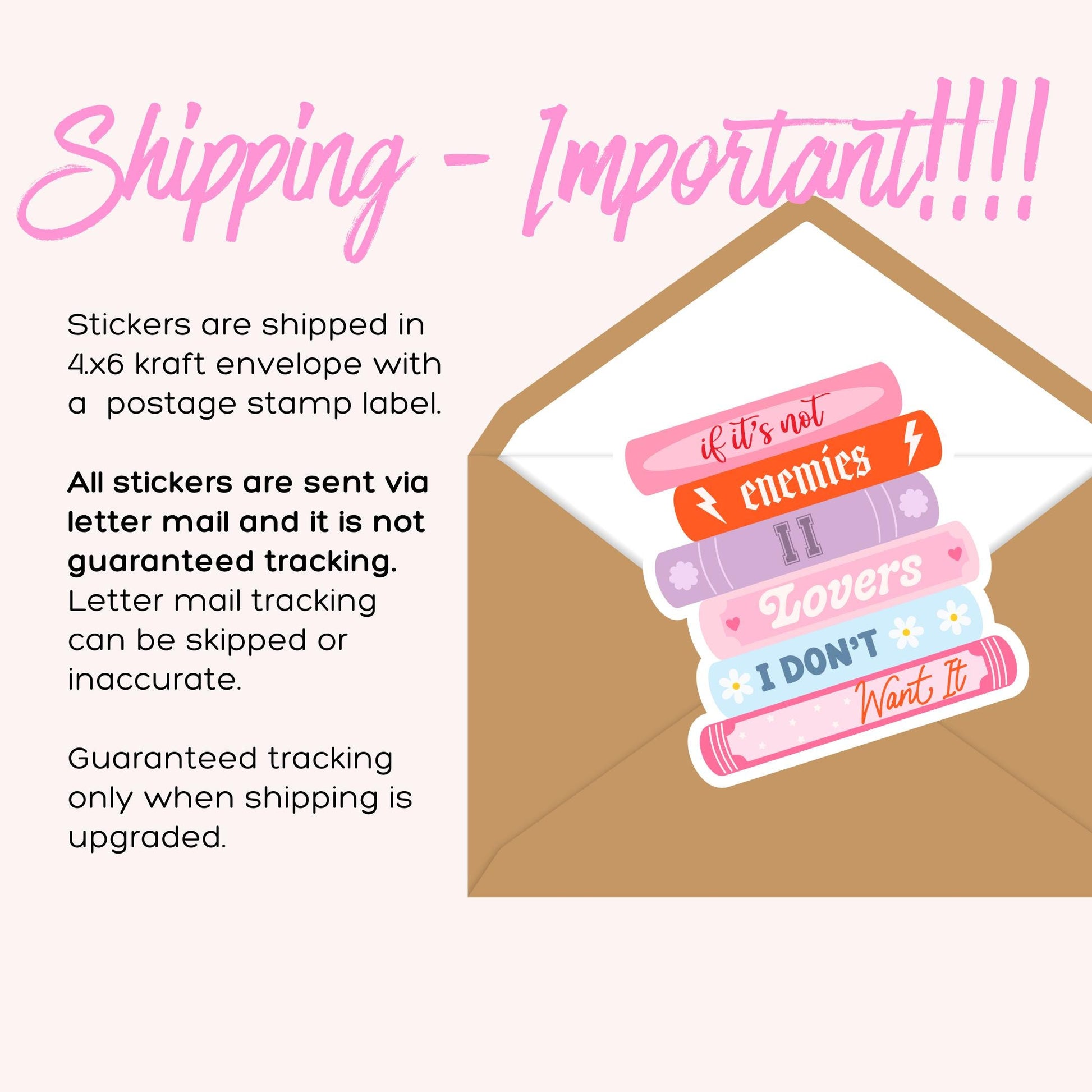a pink envelope with some stickers on it