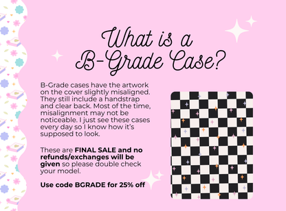 The image is a pink background with a black and white checkerboard pattern and some stars scattered throughout.