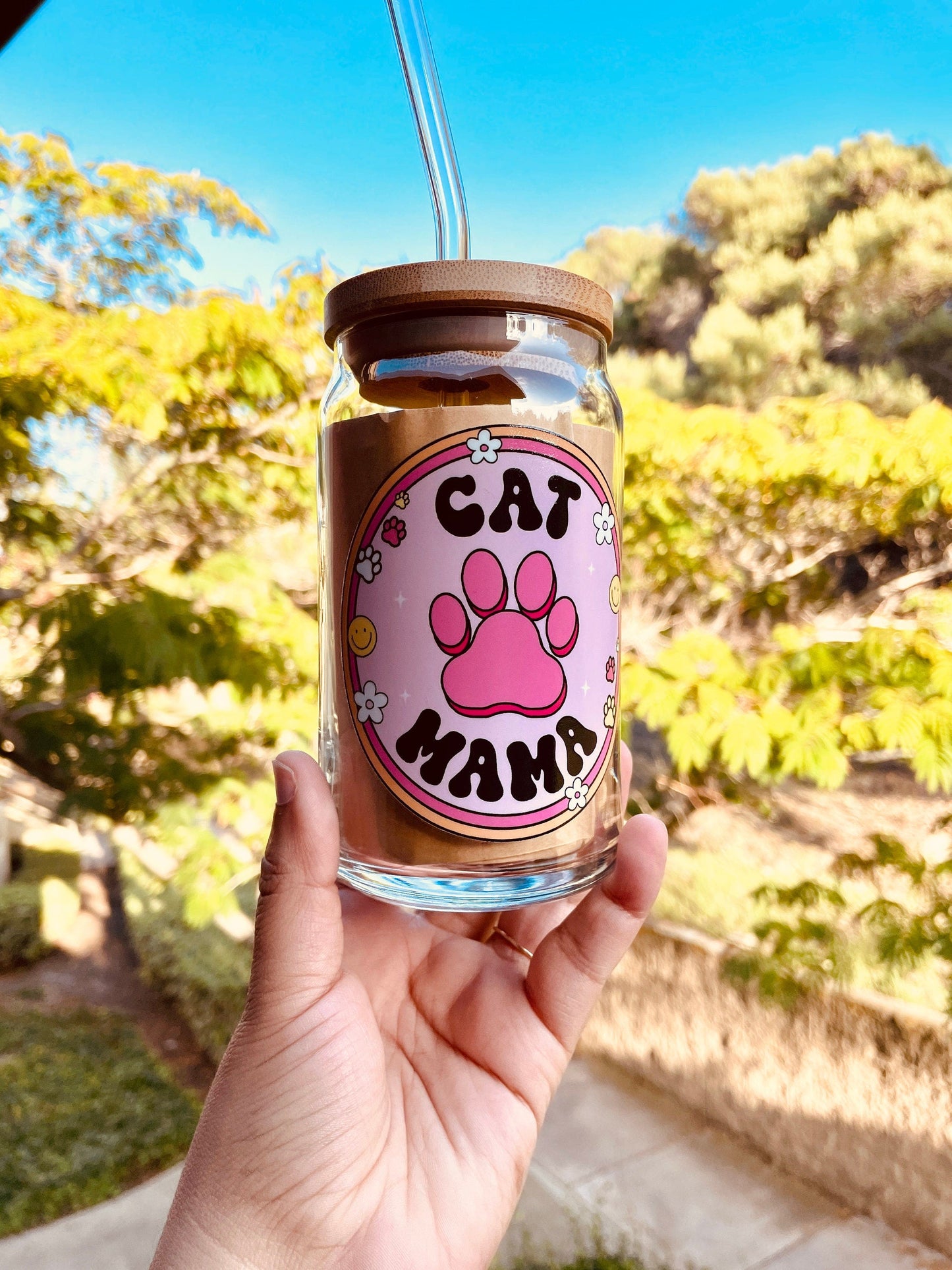 Cute Cat Mama Iced Glass Coffee Cup