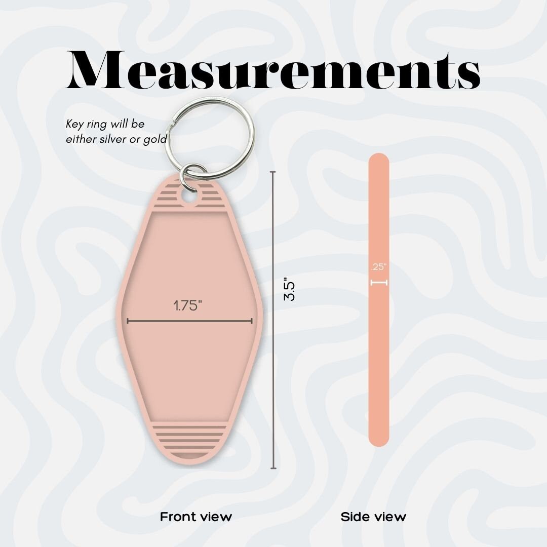 a pink keychain with measurements on it