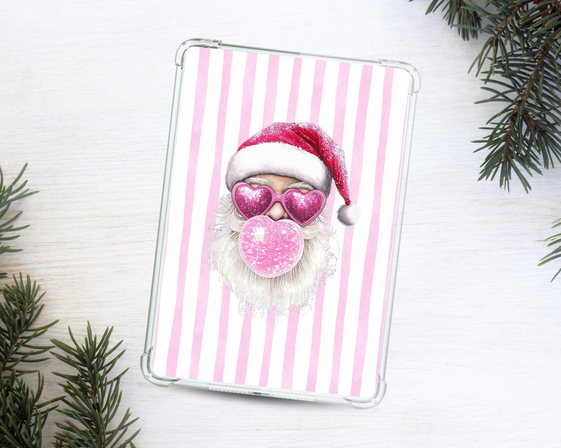 a picture of a santa clause on a pink and white striped background