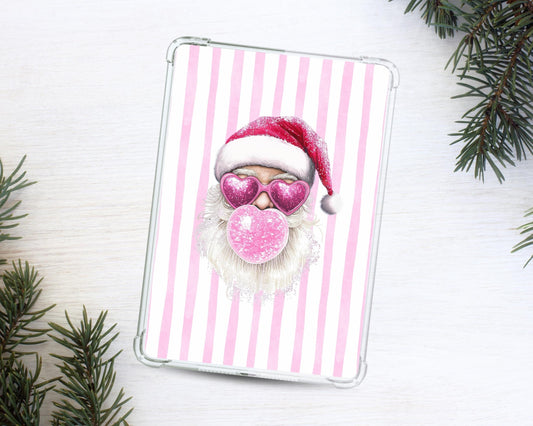 a picture of a santa clause on a pink and white striped background